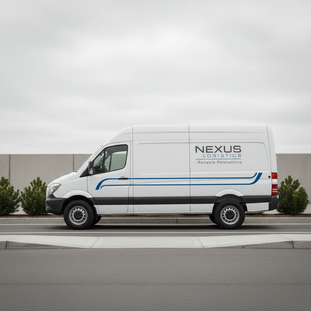 A modern, medium-sized commercial moving van with crisp white paint, clean branding and subtle blue accent stripes parked neatly on a paved urban lot. The vehicle’s glossy finish displays subtle reflections of its balanced surroundings—neat curb, structured concrete barriers, and trimmed landscaping with small shrubs. Soft daylight from an overcast sky lends gentle, diffused illumination, casting subdued shadows beneath and enhancing the van’s pristine, professional look. The setting is organized and uncluttered, evoking reliability and promptness. Captured from an eye-level angle with a centered, straightforward composition and sharp focus throughout, the image delivers a clean, corporate aesthetic perfect for a transport business.