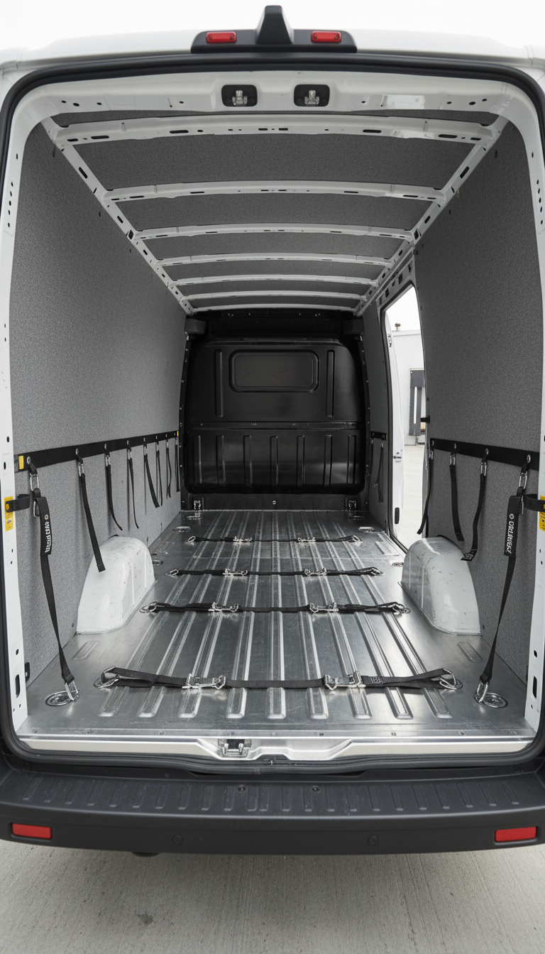An empty, immaculately maintained cargo compartment of a modern transport van, featuring freshly swept metallic floors, fixed lashing straps, and smartly organized protective padding along the walls. The interior glows with diffused daylight filtering through the open rear doors, casting uniform light across the space with soft gradients highlighting the clean, uncluttered surfaces. The atmosphere is reassuring and detail-focused, evoking trust and high standards. Taken from a direct back-facing angle, the sharp, wide-angle shot gives a sense of ample space and structural order. The corporate, photographic realism underscores the promise of safe, careful transport and packing services.