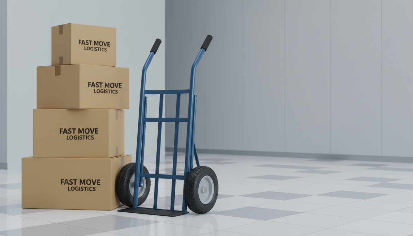 A close-up image of a heavy-duty metal hand truck with powder-coated frame and soft-grip handles, its wheels pristine and treads clean, poised beside several perfectly stacked, brown corrugated moving cartons. The hand truck and boxes are arranged in a neutral-toned corporate lobby, featuring clean lines and a minimalist décor—a backdrop of smooth light gray walls and subtle geometric flooring. Cool studio lighting accentuates the crisp edges, adding subtle metallic highlights and ensuring no harsh shadows. The composition uses rule of thirds to create visual interest, with a calm yet dynamic energy suited for a fast, reliable transport business. The aesthetic is modern and functional, embodying professional efficiency.