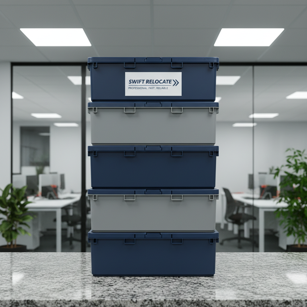 A sleek, stackable plastic moving crate system in cool gray and navy blue tones, meticulously aligned atop a smooth granite countertop in a minimalist office environment. The background is softly blurred, revealing hints of glass wall panels and a neatly organized workspace beyond. Overhead LED panel lighting creates soft, even illumination, with gentle reflections enhancing the crates' structured forms and giving the scene a stress-free, methodical feel. Composed at eye-level with a balanced, centered layout, the image radiates calm, assurance, and strict attention to detail—ideally supporting a site specializing in professional, fast, and reliable relocations.